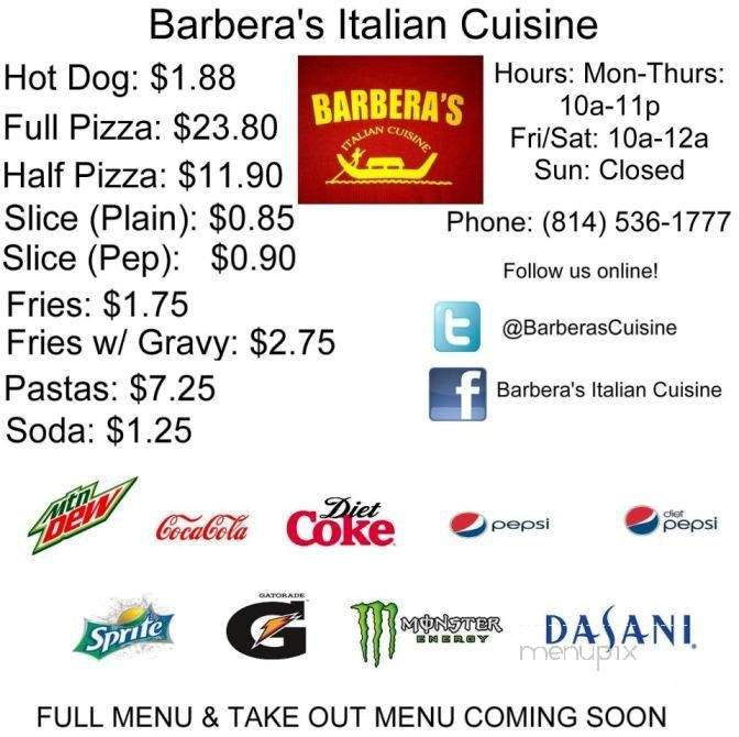 Barbera's - Johnstown, PA menu_pic