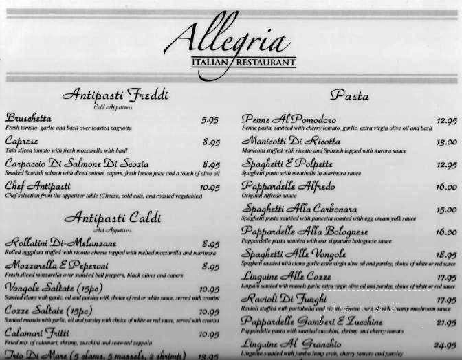 Allegria Italian Restaurant - Dunedin, FL menu_pic