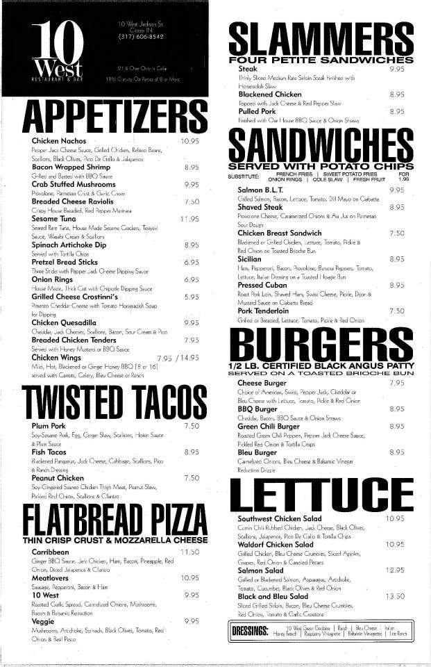 10 West Restaurant & Bar - Cicero, IN menu_pic