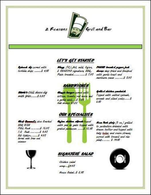 2 Reasons Grill & Bar - Campbell, OH menu_pic