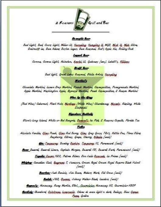 2 Reasons Grill & Bar - Campbell, OH menu_pic