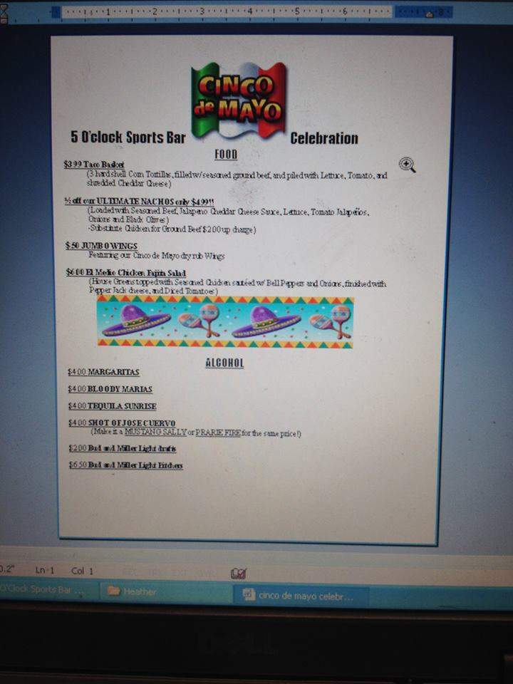 5 O'Clock Sports Bar and Restaurant - Stevensville, MI menu_pic