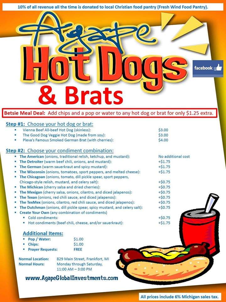 Agape Hot Dogs and Brats - Frankfort, MI menu_pic