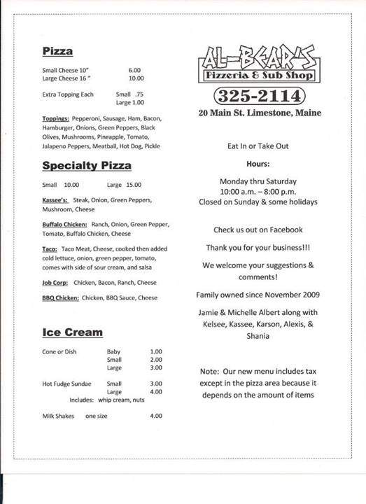 AL-BEAR's Place - Limestone, ME menu_pic