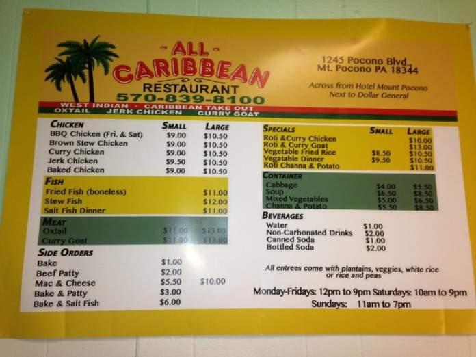 All Caribbean West Indian take out restaurant - Mount Pocono, PA menu_pic