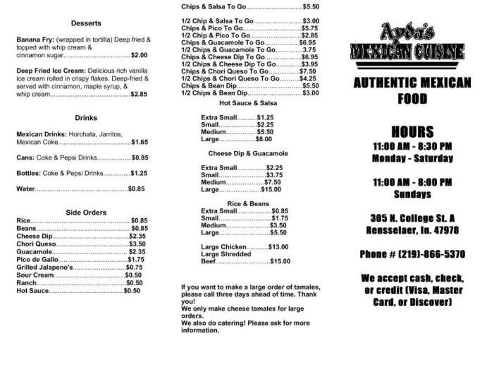 Ayda's Mexican Cuisine - Rensselaer, IN menu_pic
