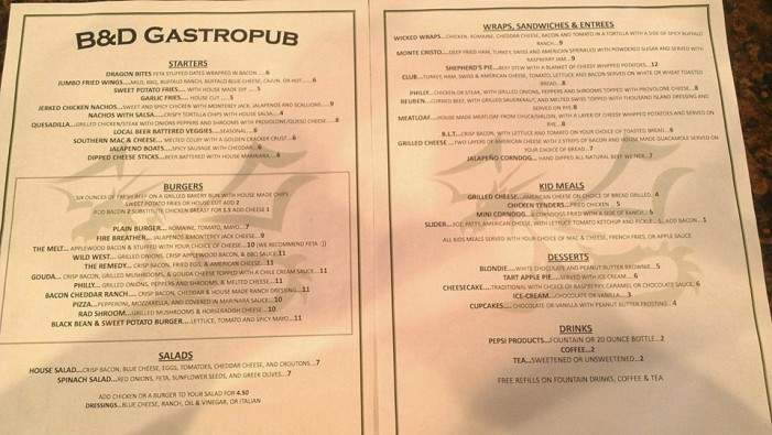 B&D Gastropub - Charleston, WV menu_pic