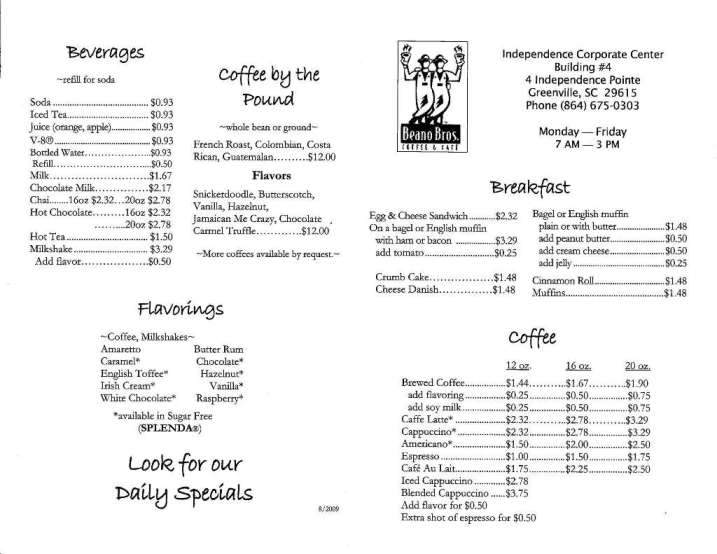 Beano Bros. Coffee & Cafe - Greenville, SC menu_pic