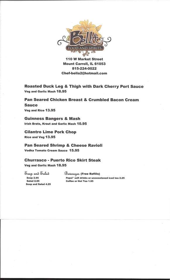Bella Food and Spirit - Mount Carroll, IL menu_pic
