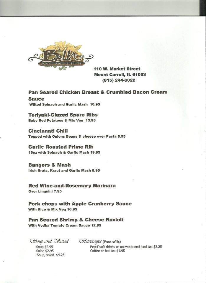 Bella Food and Spirit - Mount Carroll, IL menu_pic