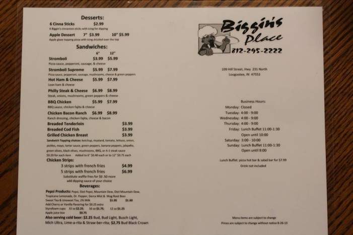 Biggin's Place - Loogootee, IN menu_pic