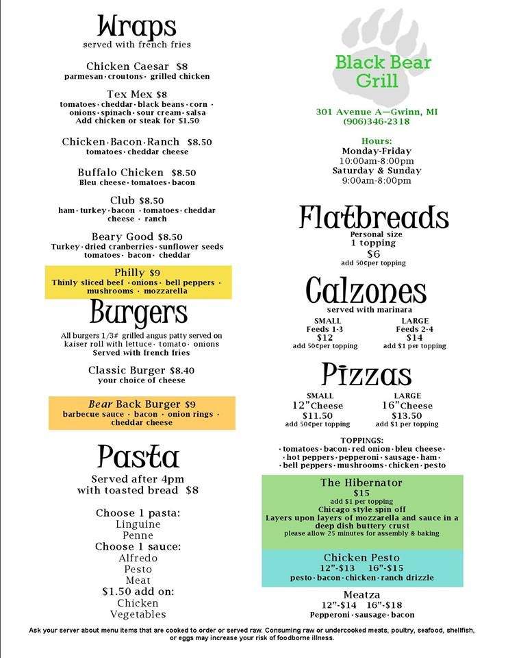Black Bear Grill - Gwinn, MI menu_pic