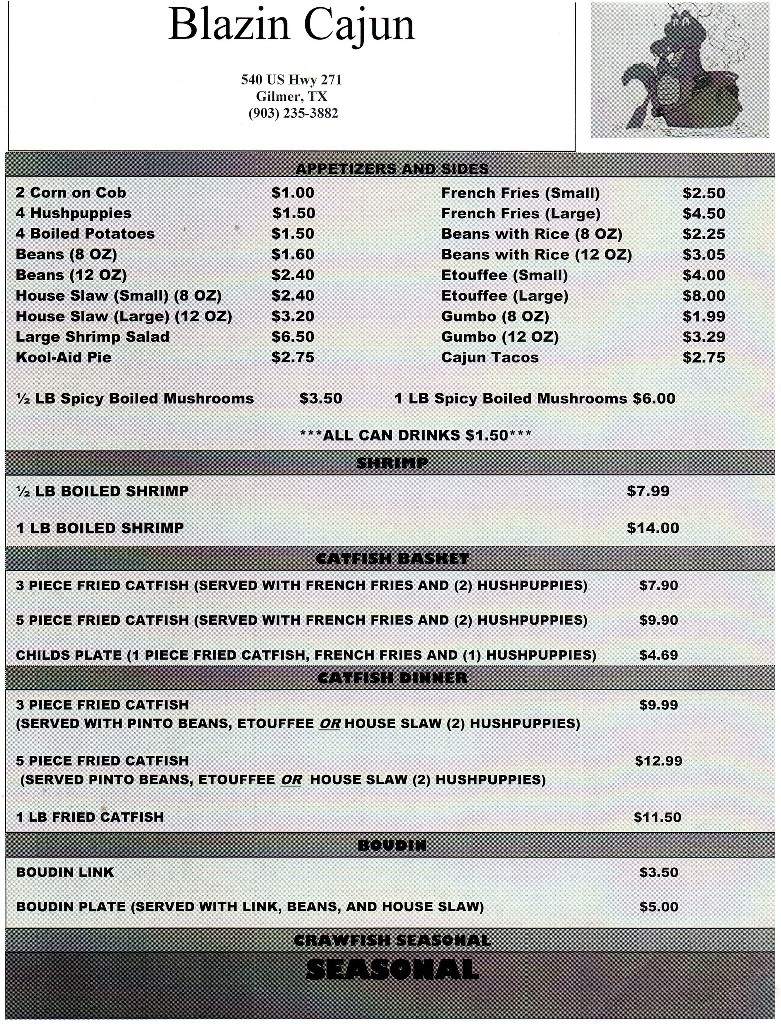 Blazin Cajun - Gilmer, TX menu_pic