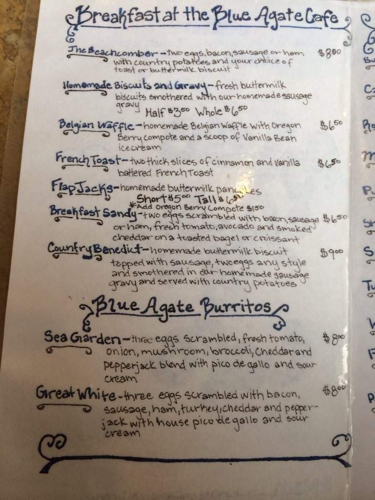 Blue Agate Cafe - Oceanside, OR menu_pic