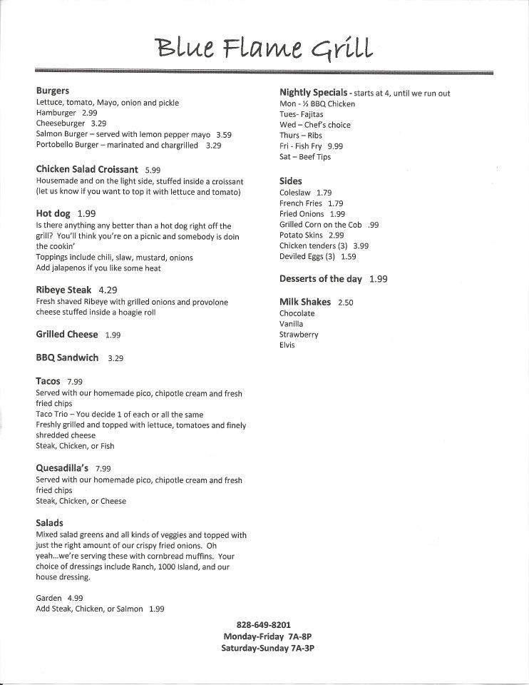 Blue Flame Grill - Marshall, NC menu_pic