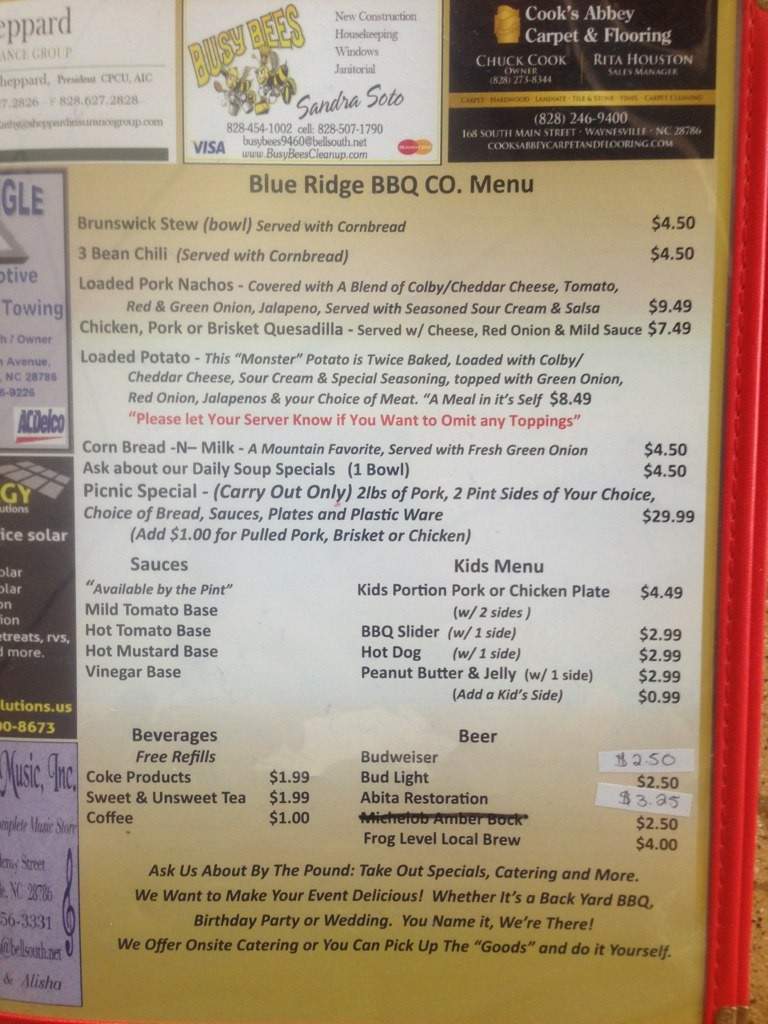 Blue Ridge BBQ Company - Waynesville, NC menu_pic
