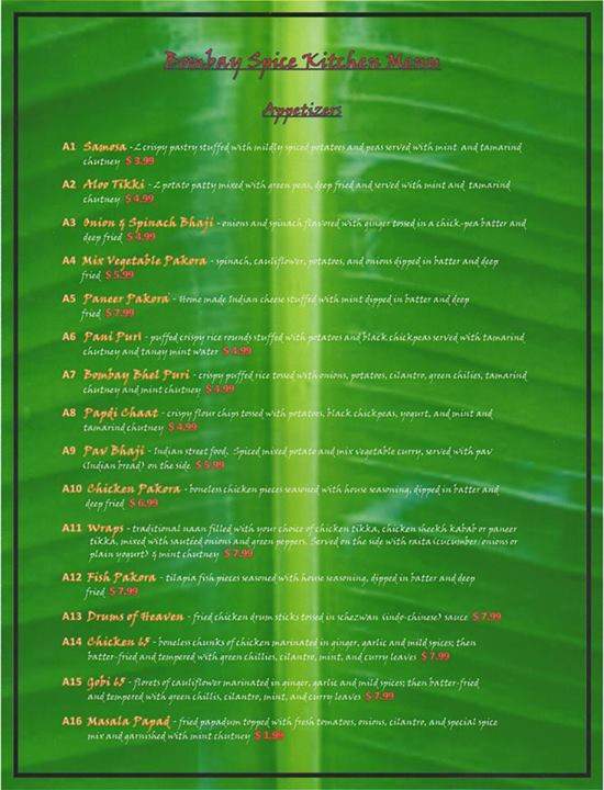 Bombay Spice Kitchen - Starkville, MS menu_pic