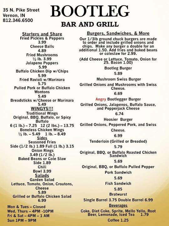Bootleg Bar and Grill - Vernon, IN menu_pic