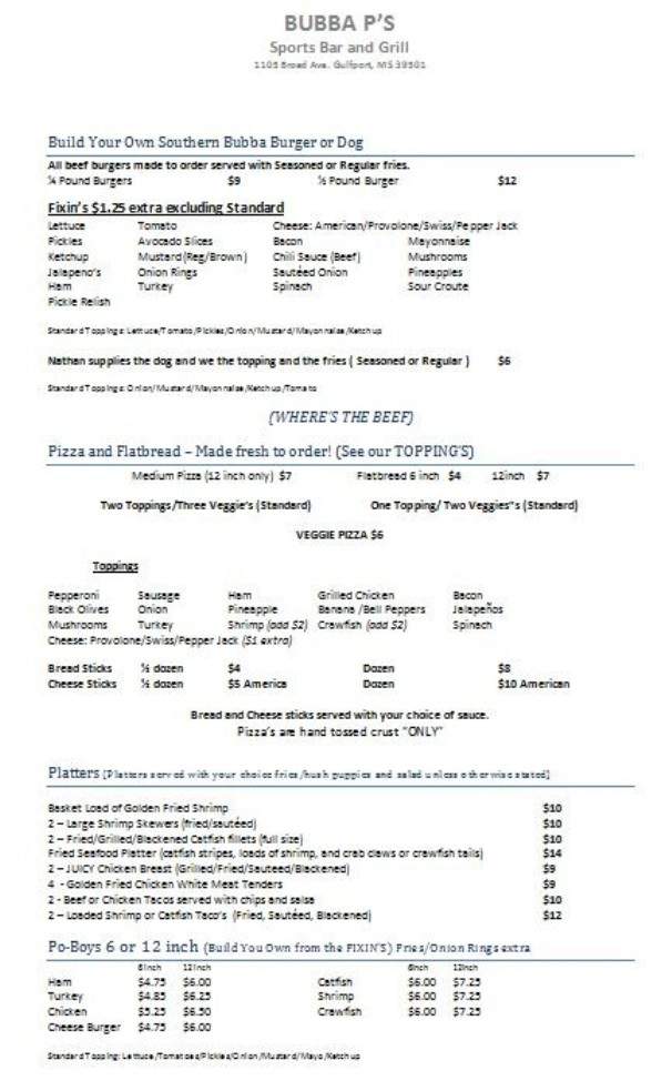 Bubba P's Grill and Sports Bar - Gulfport, MS menu_pic