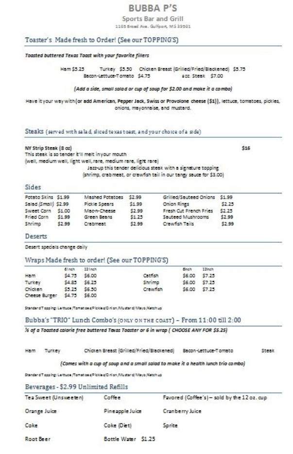 Bubba P's Grill and Sports Bar - Gulfport, MS menu_pic