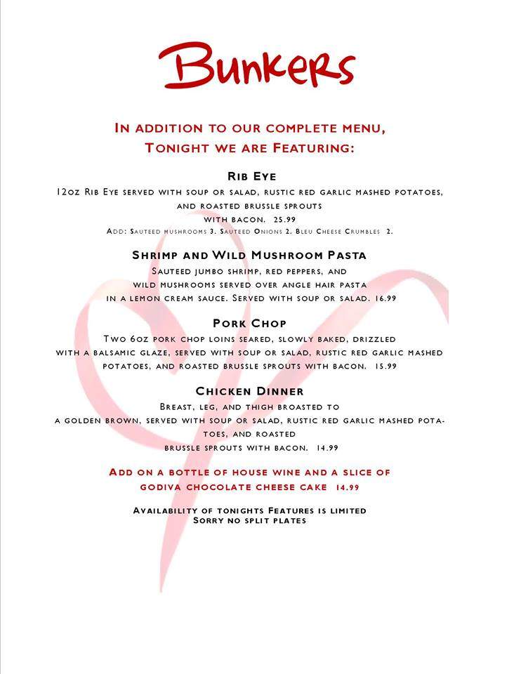 Bunkers Bar & Grill - Wausau, WI menu_pic