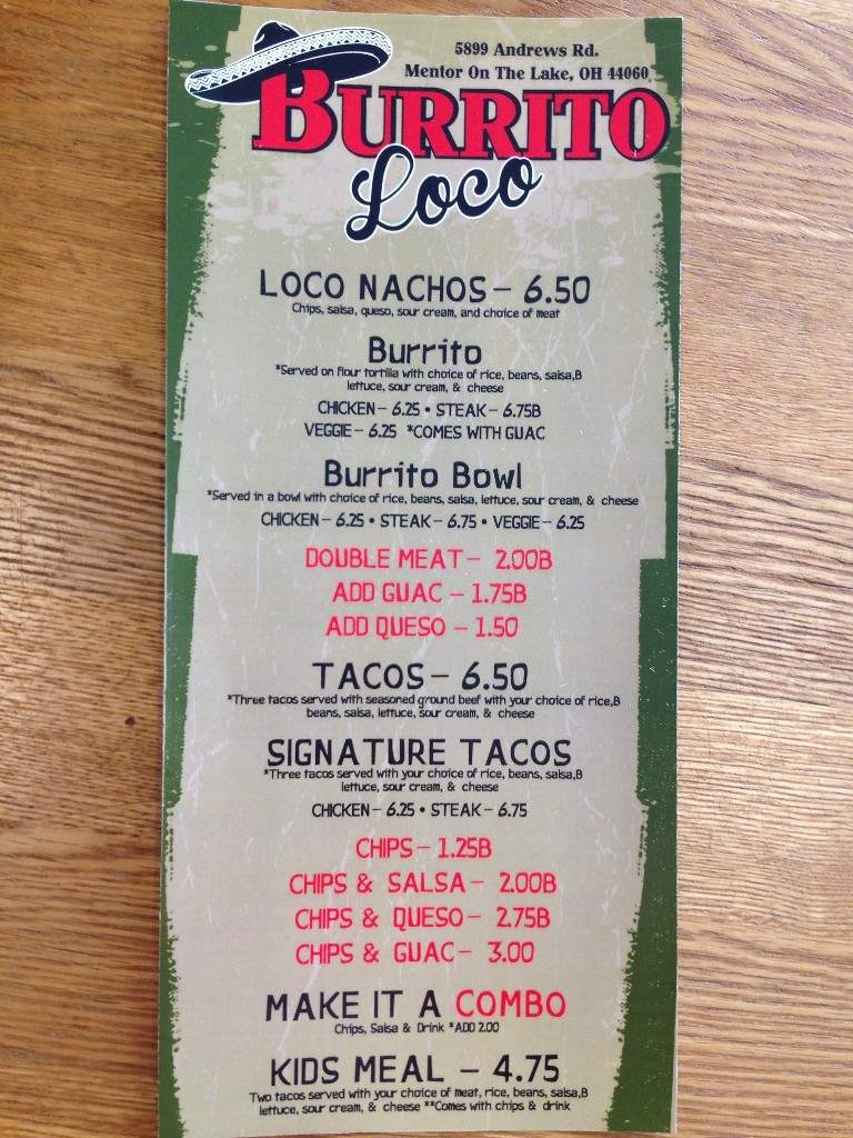 Burrito Loco on the Lake - Cleveland, OH menu_pic