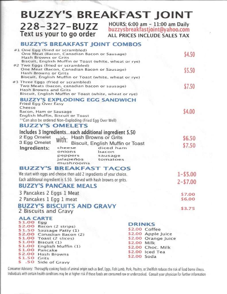 Buzzy's Breakfast Joint - Ocean Springs, MS menu_pic