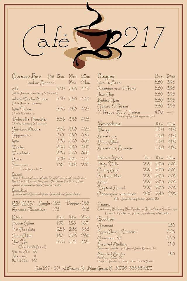 Cafe 217 - Lena, IL menu_pic