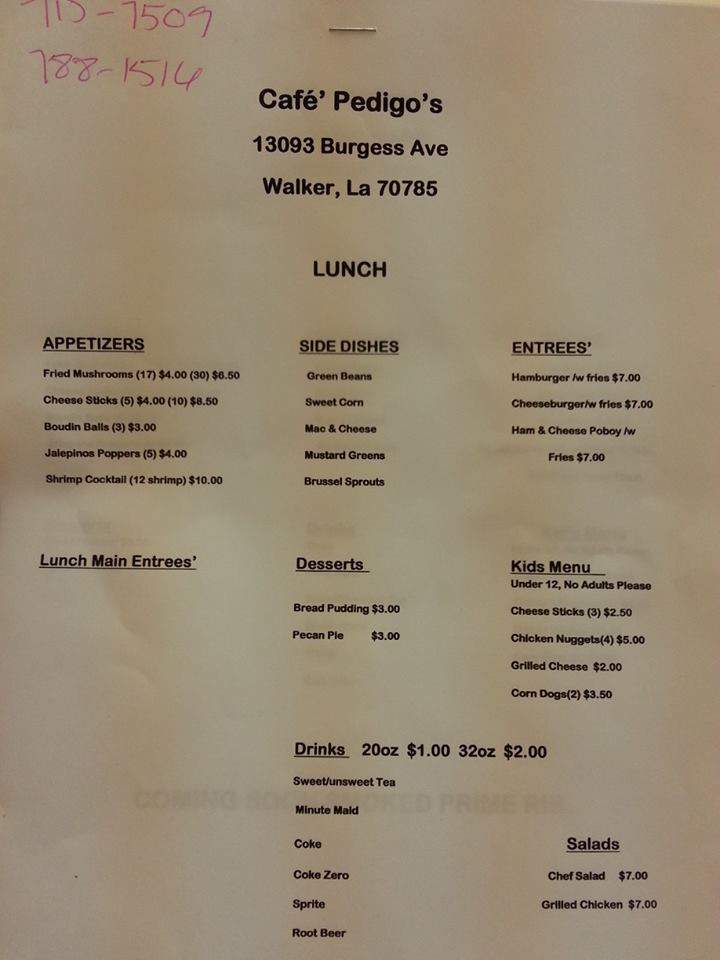 Cafe Pedigo's - Walker, LA menu_pic