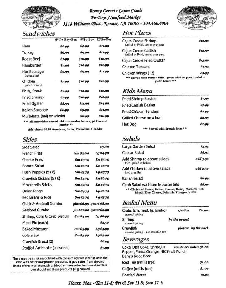 Cajun Creole Seafood - Kenner, LA menu_pic