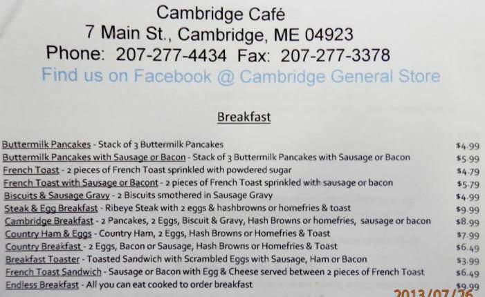 Cambridge General Store & Restaurant - Cambridge, ME menu_pic