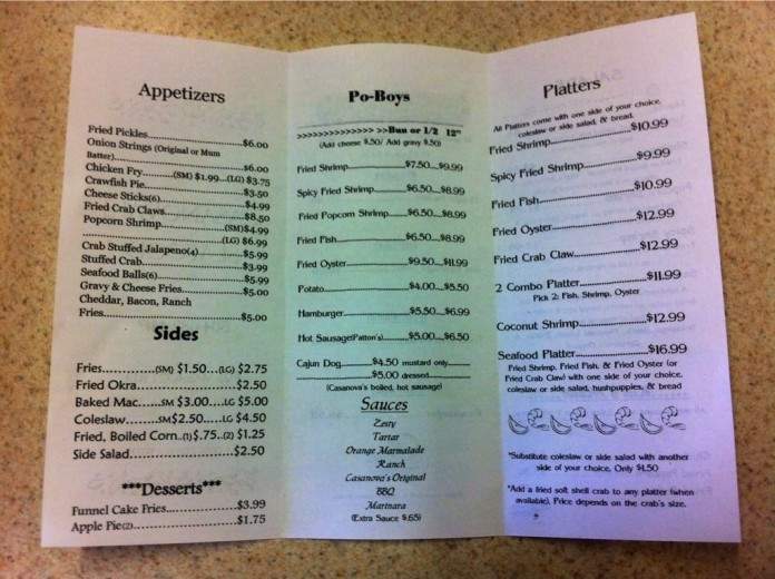 Casanova's Seafood - Saint Bernard, LA menu_pic
