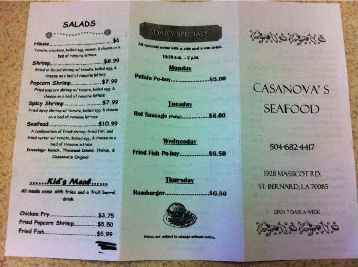 Casanova's Seafood - Saint Bernard, LA menu_pic