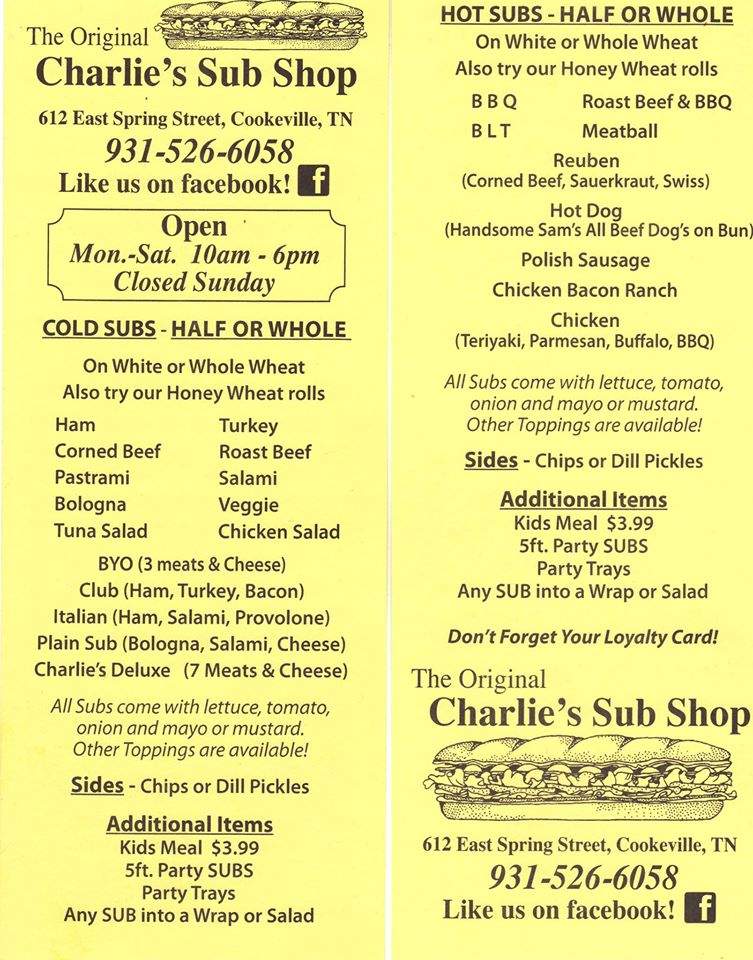 Charlie'S Sub Shoppe - Cookeville, TN menu_pic