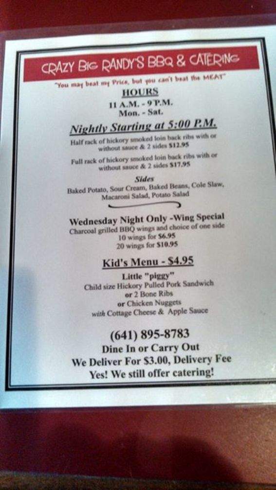 Crazy Big Randy BBQ - Centerville, IA menu_pic