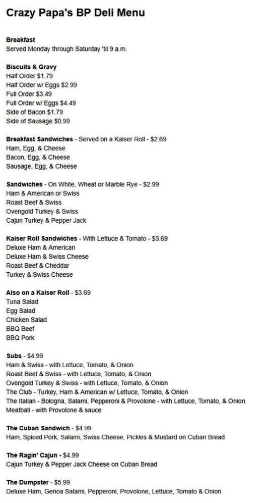 Crazy Papa's - Bradenton, FL menu_pic