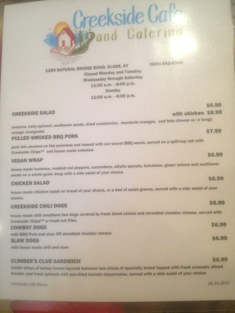 Creekside Cafe' and Catering - Slade, KY menu_pic