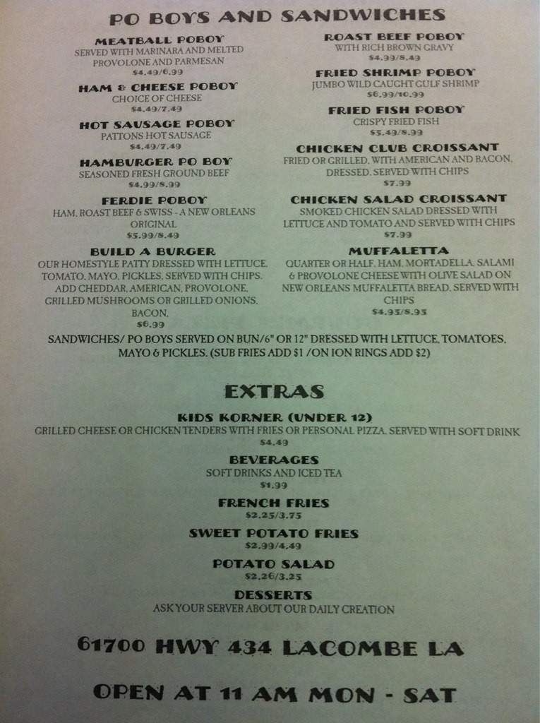 Dawns Bayou Cafe - Lacombe, LA menu_pic