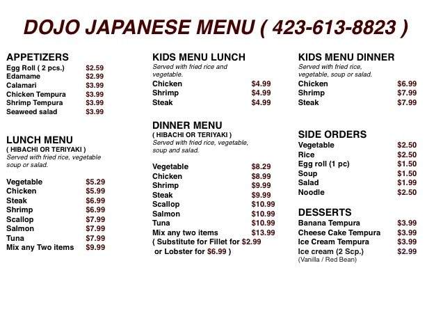 DOJO Japanese Restaurant - Newport, TN menu_pic