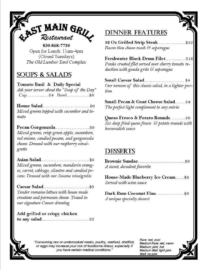 East Main Grill - Johnson City, TX menu_pic