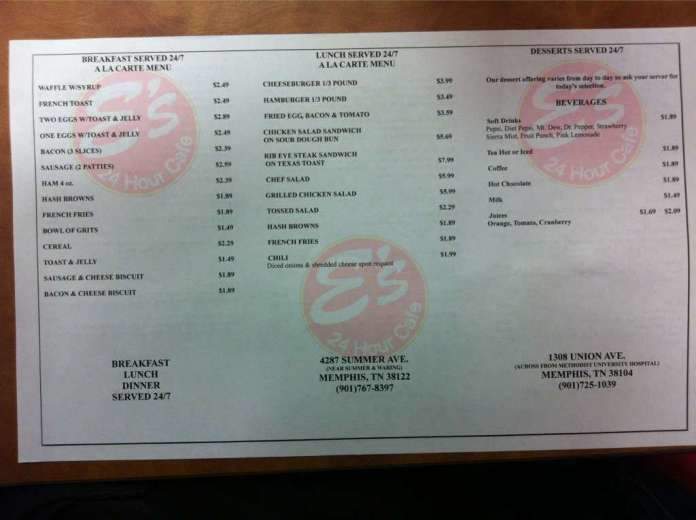 E's 24 Hour Cafe - Memphis, TN menu_pic