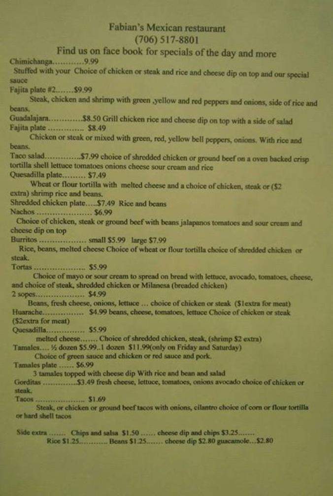 Fabian's Mexican Restaurant - Chatsworth, GA menu_pic