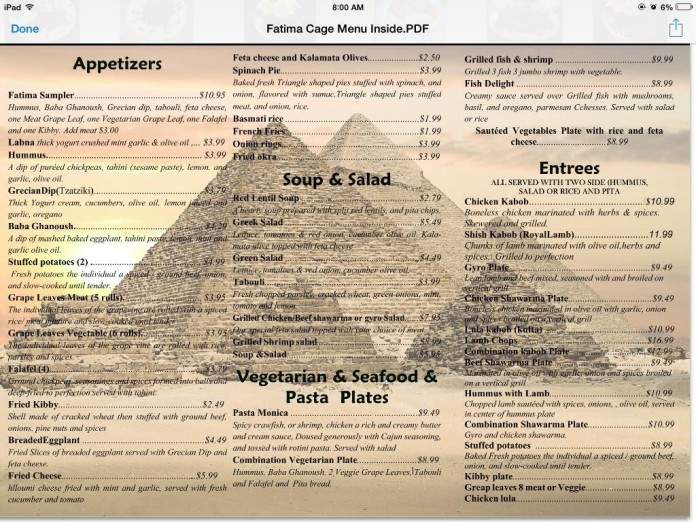 Fatima Cafe - Kenner, LA menu_pic