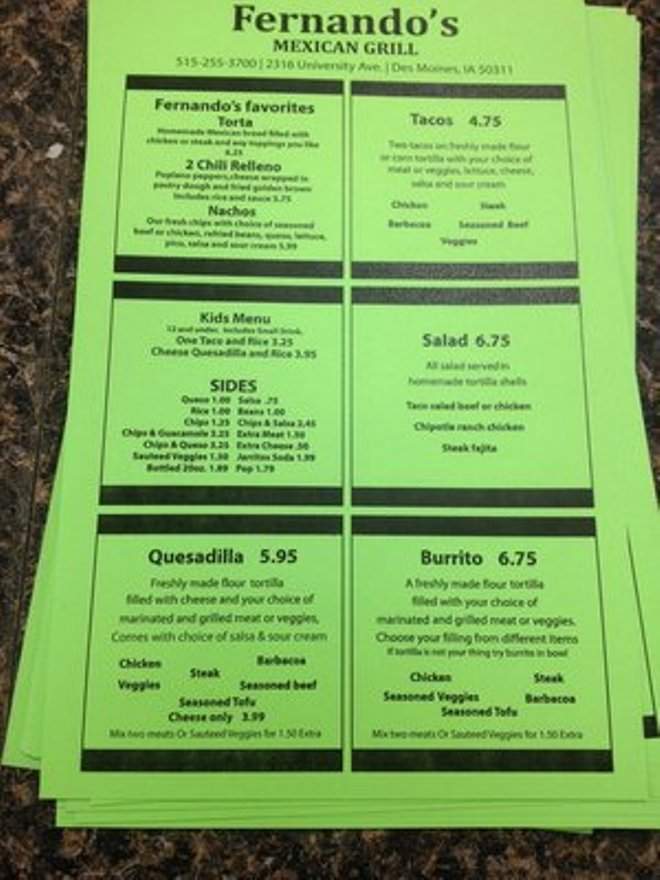Fernando's - Des Moines, IA menu_pic