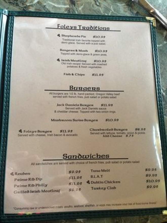 Foley's Irish Pub - Bandon, OR menu_pic