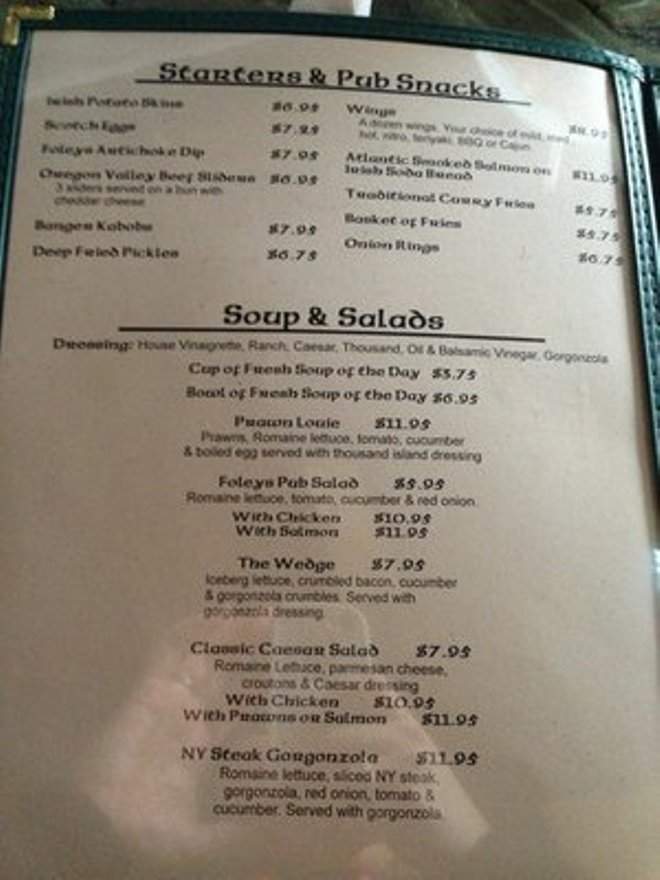 Foley's Irish Pub - Bandon, OR menu_pic