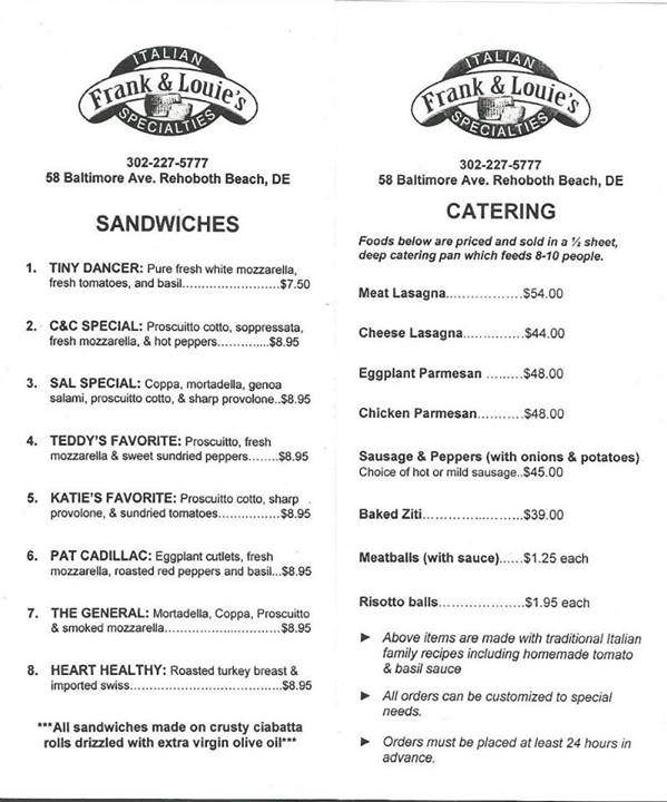 Menu of Frank & louie&#39;s in Rehoboth Beach, DE 19971