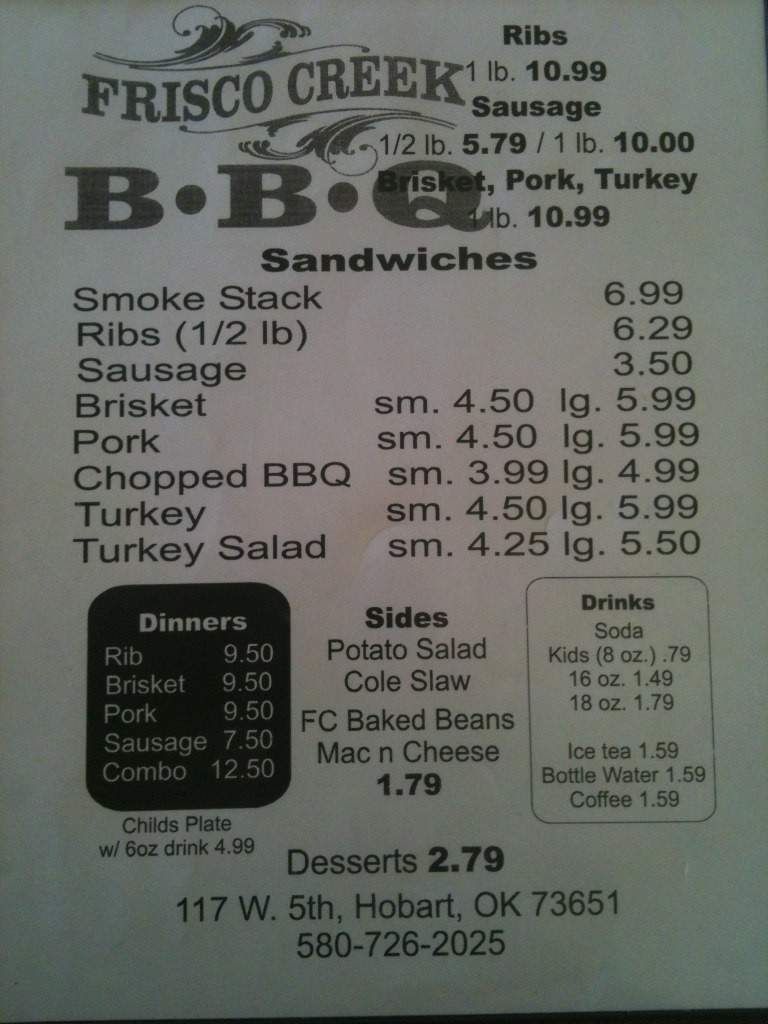 Frisco Creek BBQ - Hobart, OK menu_pic