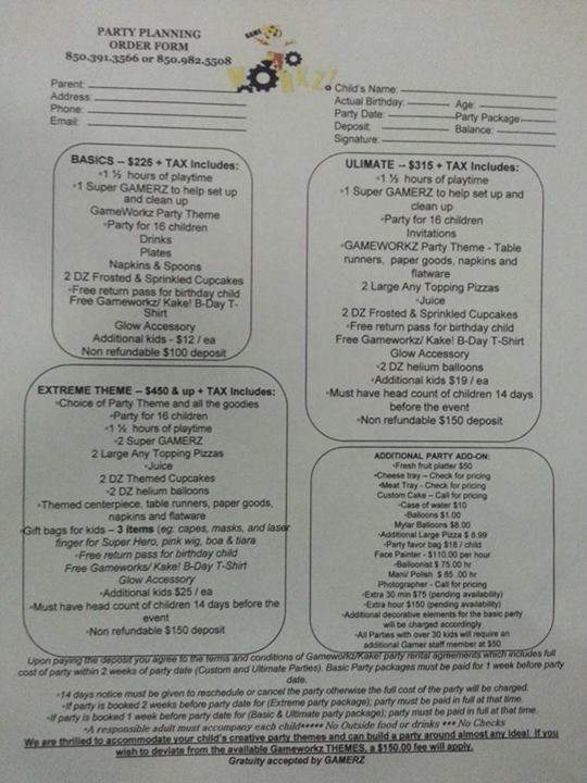 Gameworkz Party Center - Pensacola, FL menu_pic