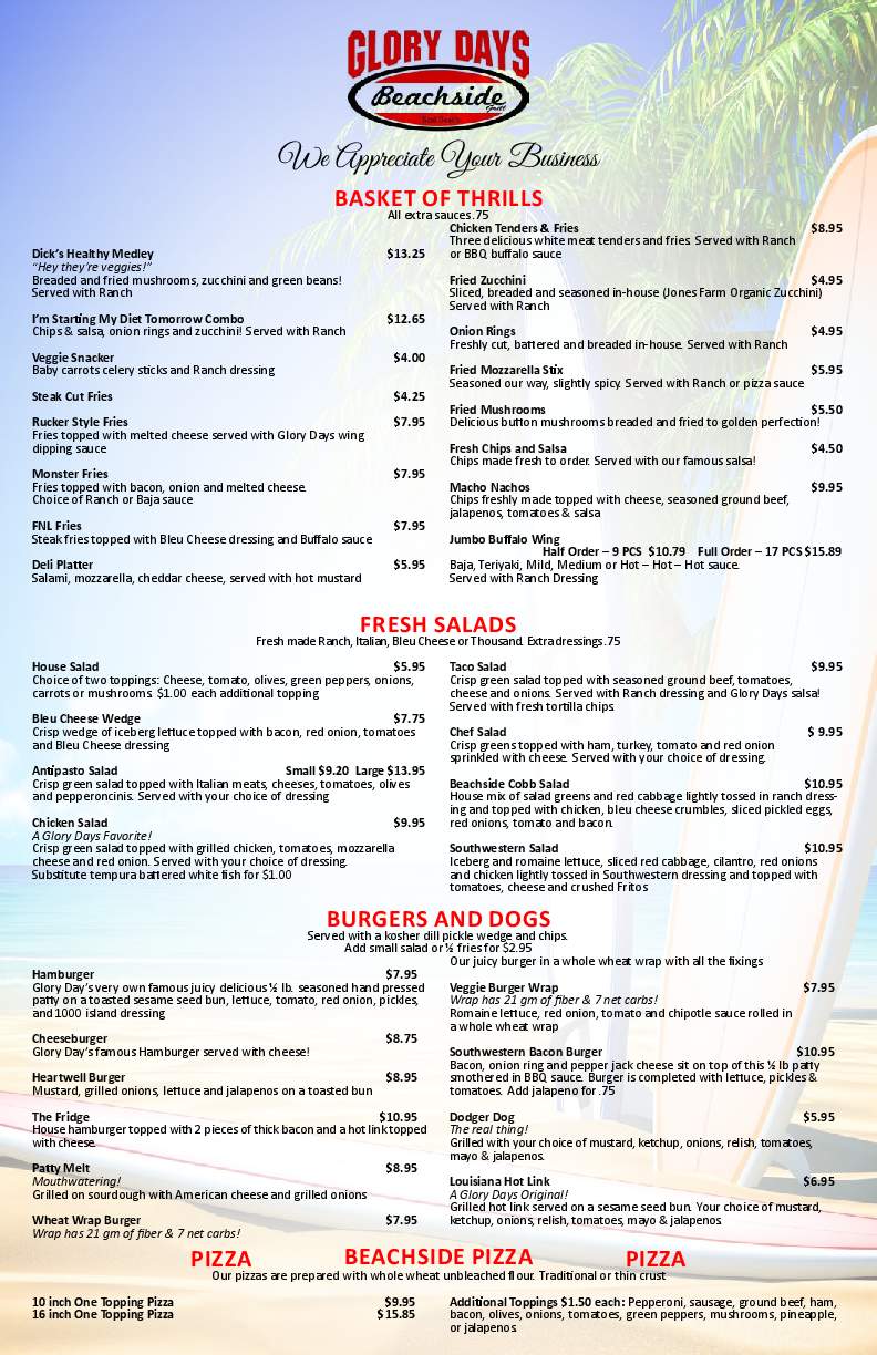 Glory Days Beachside Grill - Seal Beach, CA menu_pic